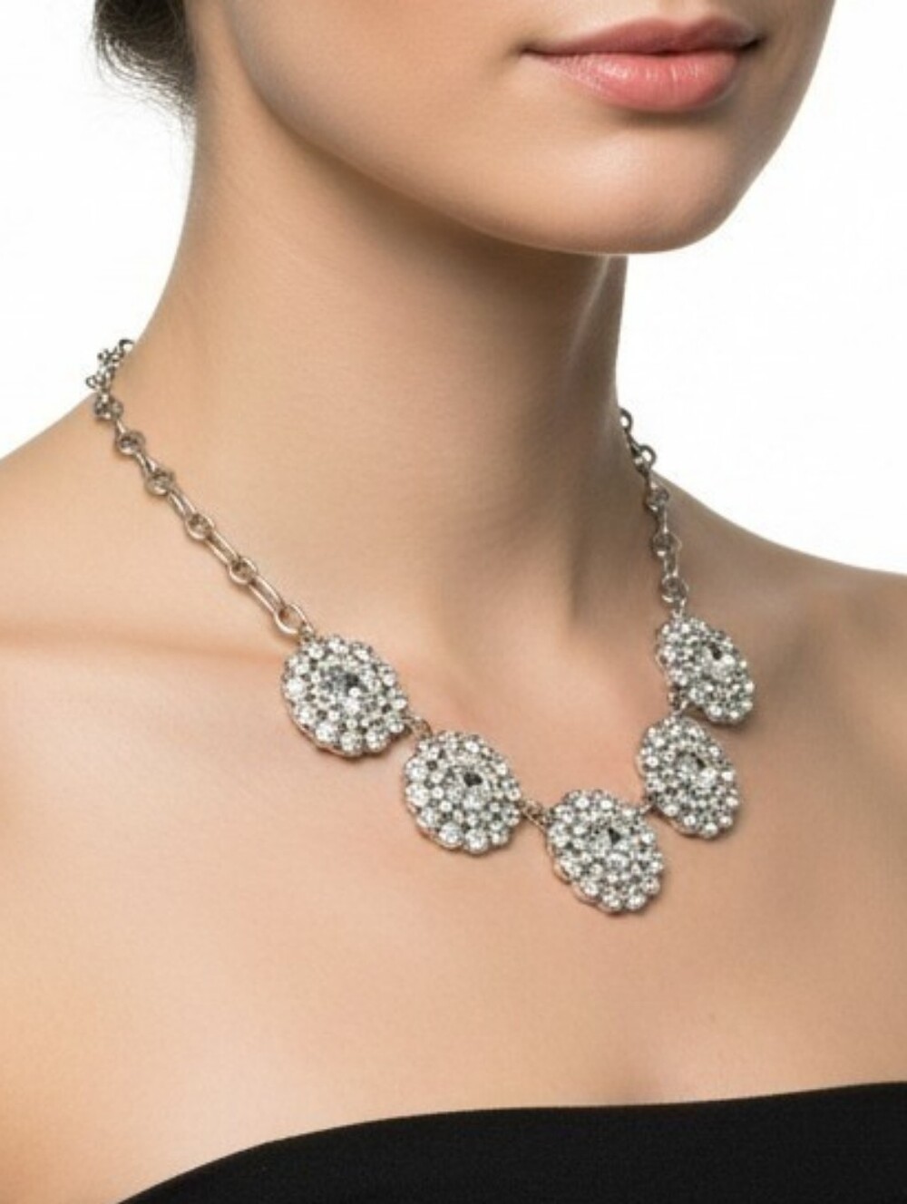 VINTAGE  J Crew Rhinestone Flower Statement Necklace In Good Condition